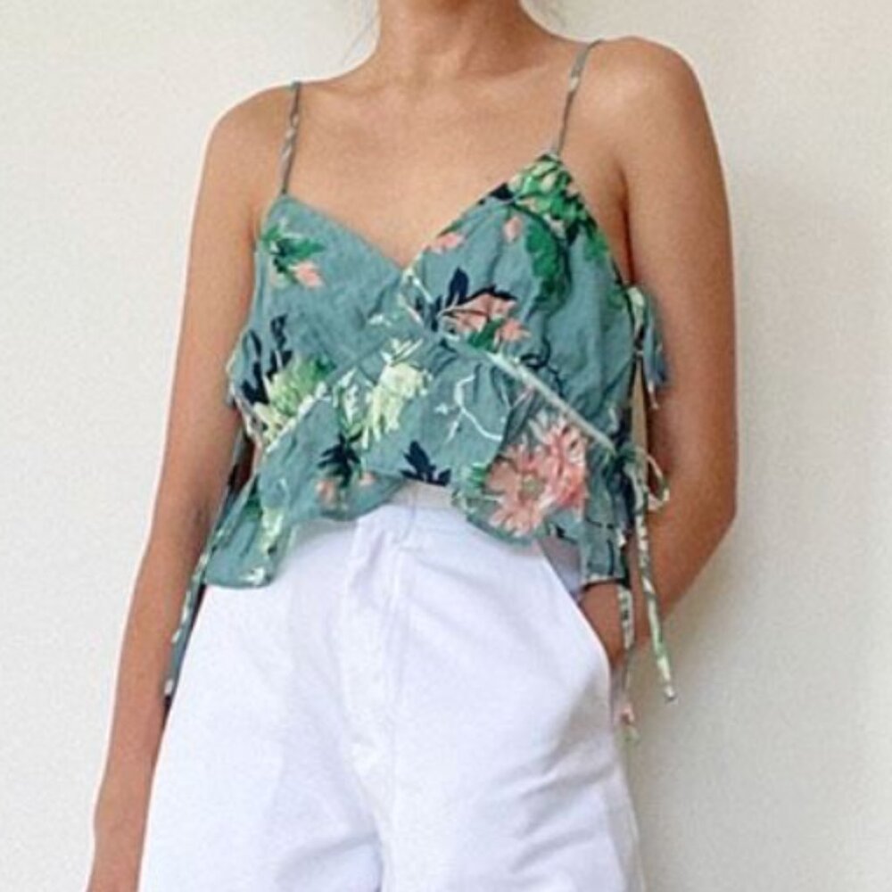 H&M floral Crop Top Turquoise Side Ties Tank Cami Ruffle Size M